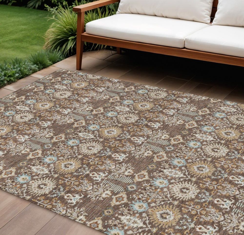 HomeRoots 8' X 10' Floral Washable Area Rug - Timeless Brown & Beige Design for Indoor/Outdoor Durability! 640481