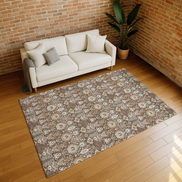 HomeRoots 9' Versatile Brown and Beige Floral Washable Area Rug for Indoor & Outdoor Use - Stylish & Durable! 640482