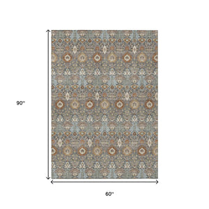 HomeRoots 5' Timeless Gray and Copper Floral Area Rug - Washable, Durable, Ideal for Indoor & Outdoor Spaces 640485