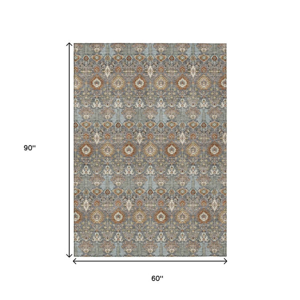 HomeRoots 5' Timeless Gray and Copper Floral Area Rug - Washable, Durable, Ideal for Indoor & Outdoor Spaces 640485