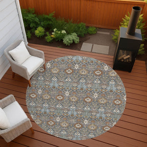 HomeRoots 8' Gray and Copper Round Floral Area Rug - Stylish, Washable, Durable for Indoor & Outdoor Spaces 640486