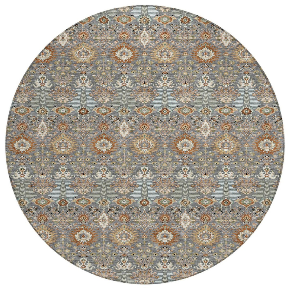 HomeRoots 8' Gray and Copper Round Floral Area Rug - Stylish, Washable, Durable for Indoor & Outdoor Spaces 640486