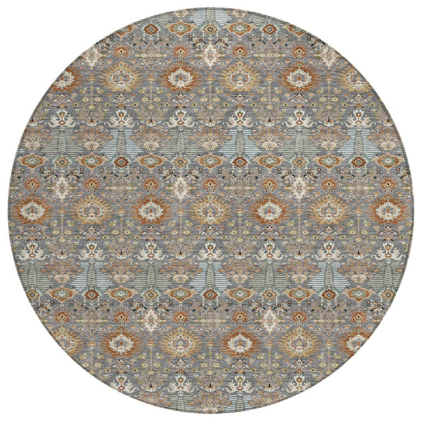 HomeRoots 8' Gray and Copper Round Floral Area Rug - Stylish, Washable, Durable for Indoor & Outdoor Spaces 640486