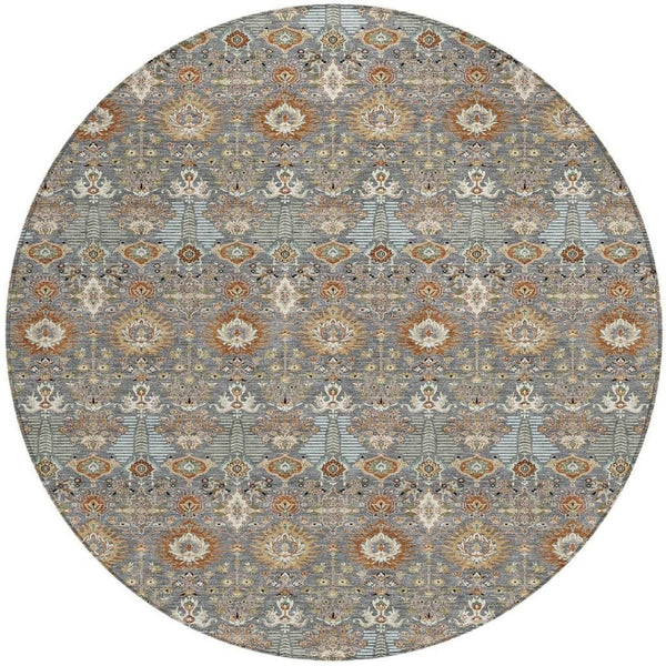 HomeRoots 8' Gray and Copper Round Floral Area Rug - Stylish, Washable, Durable for Indoor & Outdoor Spaces 640486