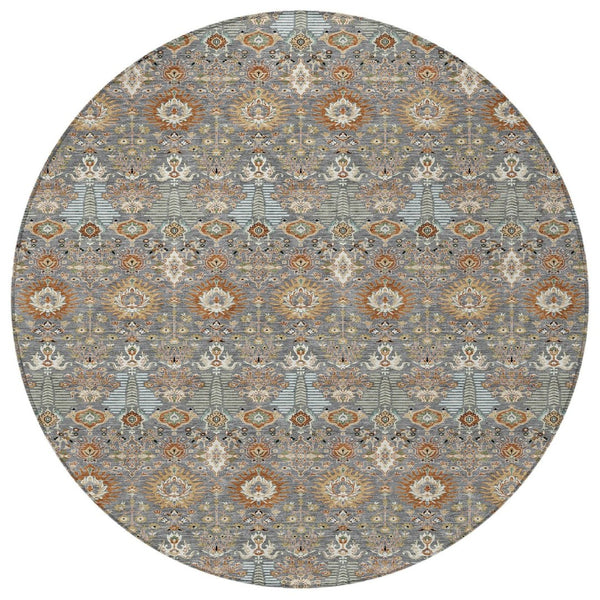 HomeRoots 8' Gray and Copper Round Floral Area Rug - Stylish, Washable, Durable for Indoor & Outdoor Spaces 640486