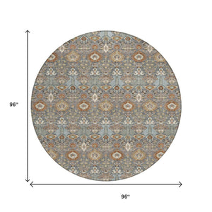 HomeRoots 8' Gray and Copper Round Floral Area Rug - Stylish, Washable, Durable for Indoor & Outdoor Spaces 640486