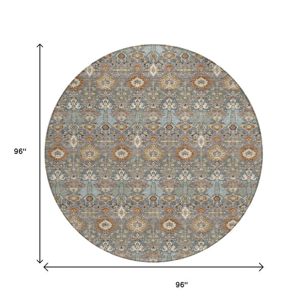 HomeRoots 8' Gray and Copper Round Floral Area Rug - Stylish, Washable, Durable for Indoor & Outdoor Spaces 640486