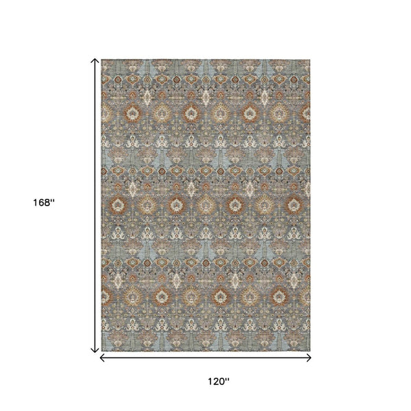 HomeRoots 10' Gray and Copper Floral Washable Area Rug – Stylish Indoor/Outdoor Design for High Traffic Spaces 640489