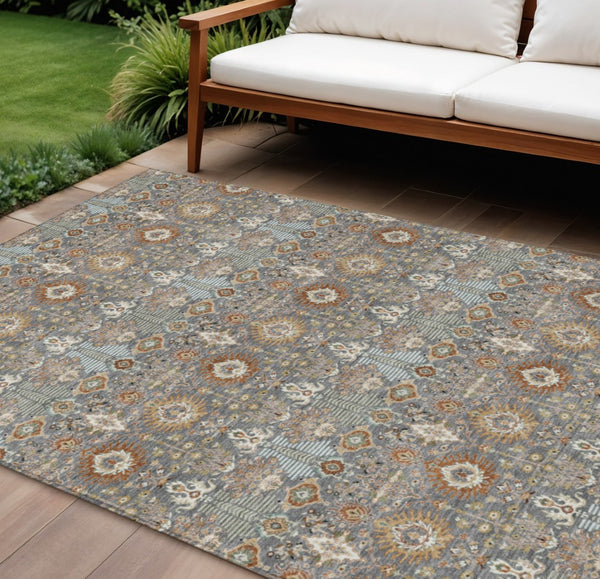 HomeRoots 10' Gray and Copper Floral Washable Area Rug – Stylish Indoor/Outdoor Design for High Traffic Spaces 640489