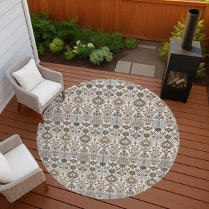 HomeRoots 8' Elegant Ivory and Brown Floral Washable Round Area Rug - Perfect for Indoor/Outdoor Spaces! 640492