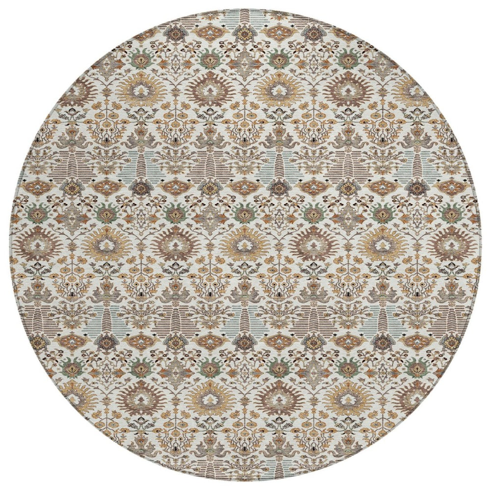 HomeRoots 8' Elegant Ivory and Brown Floral Washable Round Area Rug - Perfect for Indoor/Outdoor Spaces! 640492