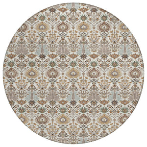 HomeRoots 8' Elegant Ivory and Brown Floral Washable Round Area Rug - Perfect for Indoor/Outdoor Spaces! 640492
