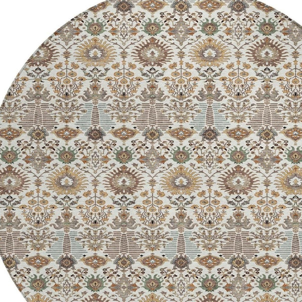 HomeRoots 8' Elegant Ivory and Brown Floral Washable Round Area Rug - Perfect for Indoor/Outdoor Spaces! 640492