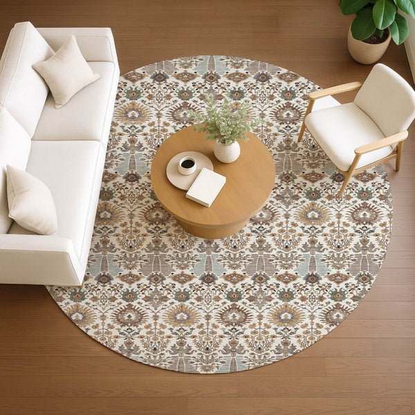 HomeRoots 8' Elegant Ivory and Brown Floral Washable Round Area Rug - Perfect for Indoor/Outdoor Spaces! 640492