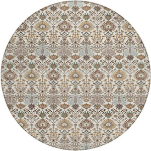 HomeRoots 8' Elegant Ivory and Brown Floral Washable Round Area Rug - Perfect for Indoor/Outdoor Spaces! 640492