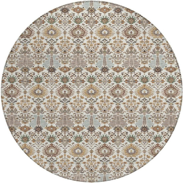 HomeRoots 8' Elegant Ivory and Brown Floral Washable Round Area Rug - Perfect for Indoor/Outdoor Spaces! 640492