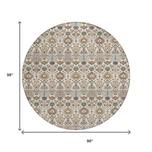 HomeRoots 8' Elegant Ivory and Brown Floral Washable Round Area Rug - Perfect for Indoor/Outdoor Spaces! 640492