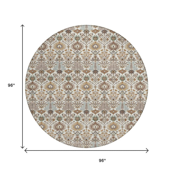 HomeRoots 8' Elegant Ivory and Brown Floral Washable Round Area Rug - Perfect for Indoor/Outdoor Spaces! 640492