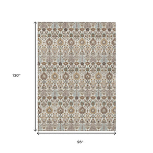 HomeRoots 8' X 10' Floral Washable Area Rug - Elegant Ivory & Brown Design for Indoor/Outdoor Durability 640493