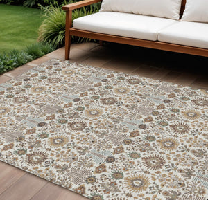 HomeRoots 8' X 10' Floral Washable Area Rug - Elegant Ivory & Brown Design for Indoor/Outdoor Durability 640493