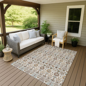 HomeRoots 8' X 10' Floral Washable Area Rug - Elegant Ivory & Brown Design for Indoor/Outdoor Durability 640493