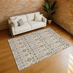HomeRoots 8' X 10' Floral Washable Area Rug - Elegant Ivory & Brown Design for Indoor/Outdoor Durability 640493