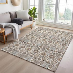 HomeRoots 8' X 10' Floral Washable Area Rug - Elegant Ivory & Brown Design for Indoor/Outdoor Durability 640493