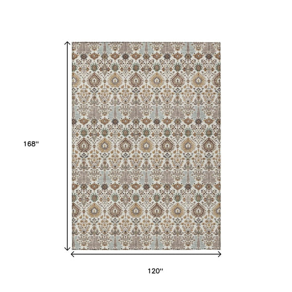 HomeRoots 10' Ivory and Brown Floral Washable Area Rug - Durable Indoor/Outdoor Design for Elegant Spaces 640495