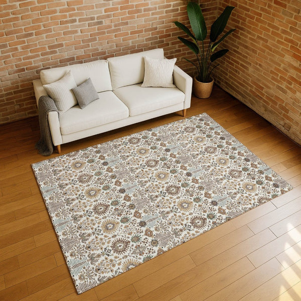 HomeRoots 10' Ivory and Brown Floral Washable Area Rug - Durable Indoor/Outdoor Design for Elegant Spaces 640495
