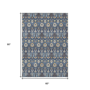HomeRoots 5' Navy Blue and Ivory Floral Area Rug - Washable, Versatile Indoor/Outdoor Design for High-Traffic Use 640497