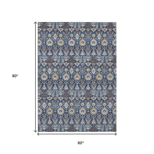 HomeRoots 5' Navy Blue and Ivory Floral Area Rug - Washable, Versatile Indoor/Outdoor Design for High-Traffic Use 640497