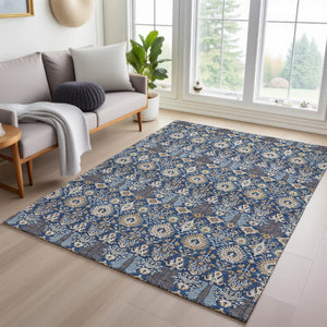 HomeRoots 5' Navy Blue and Ivory Floral Area Rug - Washable, Versatile Indoor/Outdoor Design for High-Traffic Use 640497