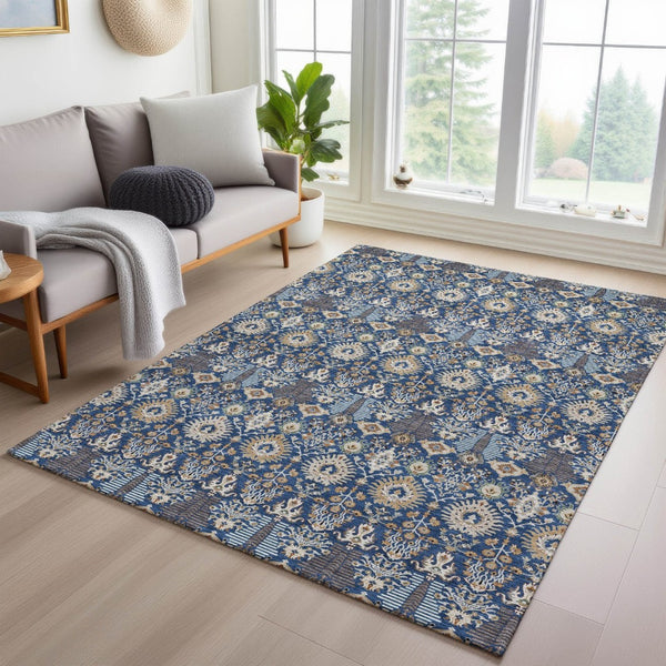 HomeRoots 5' Navy Blue and Ivory Floral Area Rug - Washable, Versatile Indoor/Outdoor Design for High-Traffic Use 640497