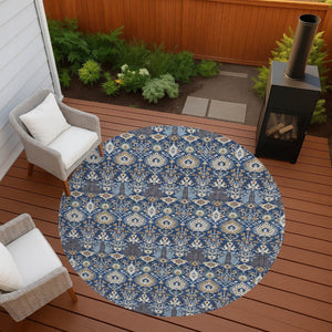 HomeRoots 8' Navy Blue & Ivory Round Floral Area Rug - Durable, Washable Design for Indoor & Outdoor Use 640498
