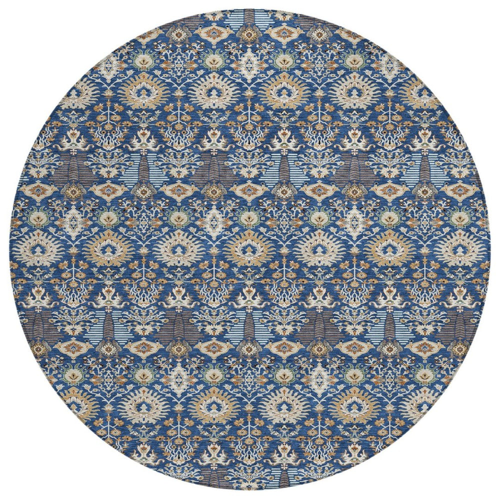 HomeRoots 8' Navy Blue & Ivory Round Floral Area Rug - Durable, Washable Design for Indoor & Outdoor Use 640498