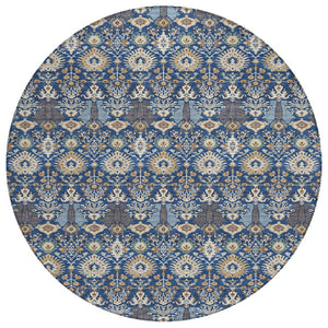 HomeRoots 8' Navy Blue & Ivory Round Floral Area Rug - Durable, Washable Design for Indoor & Outdoor Use 640498