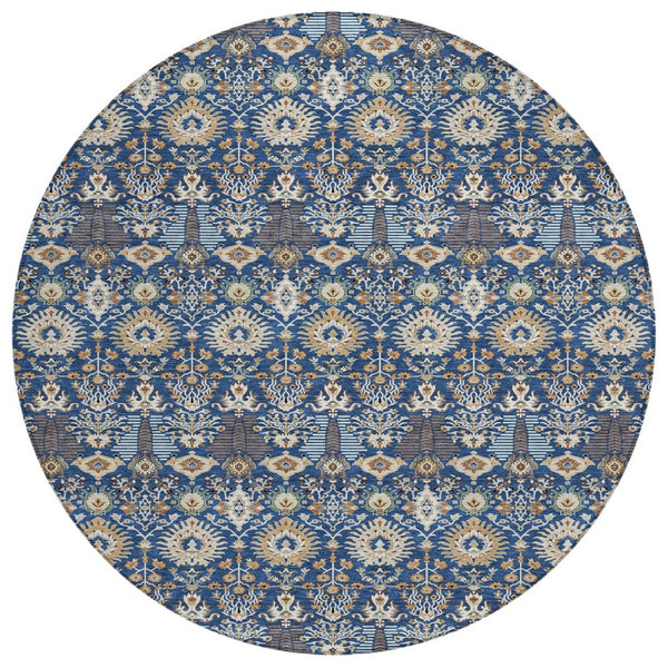 HomeRoots 8' Navy Blue & Ivory Round Floral Area Rug - Durable, Washable Design for Indoor & Outdoor Use 640498