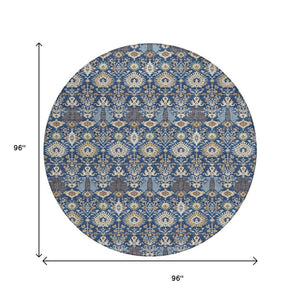 HomeRoots 8' Navy Blue & Ivory Round Floral Area Rug - Durable, Washable Design for Indoor & Outdoor Use 640498