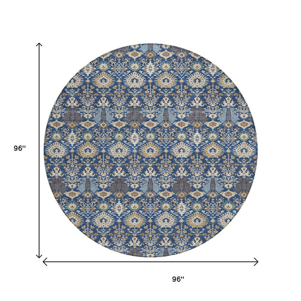 HomeRoots 8' Navy Blue & Ivory Round Floral Area Rug - Durable, Washable Design for Indoor & Outdoor Use 640498