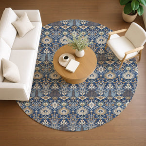 HomeRoots 8' Navy Blue & Ivory Round Floral Area Rug - Durable, Washable Design for Indoor & Outdoor Use 640498