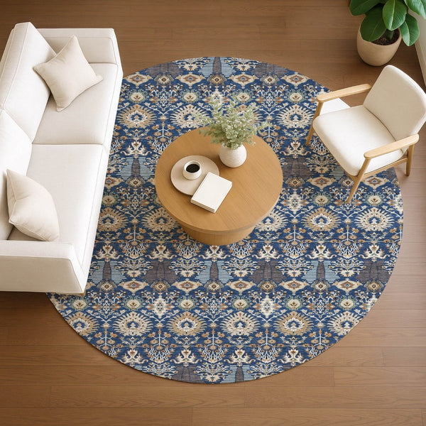 HomeRoots 8' Navy Blue & Ivory Round Floral Area Rug - Durable, Washable Design for Indoor & Outdoor Use 640498