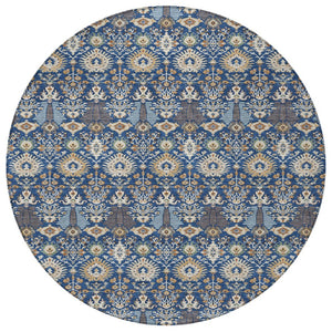 HomeRoots 8' Navy Blue & Ivory Round Floral Area Rug - Durable, Washable Design for Indoor & Outdoor Use 640498
