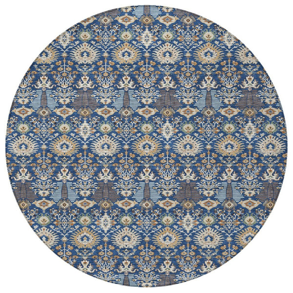 HomeRoots 8' Navy Blue & Ivory Round Floral Area Rug - Durable, Washable Design for Indoor & Outdoor Use 640498