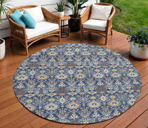 HomeRoots 8' Navy Blue & Ivory Round Floral Area Rug - Durable, Washable Design for Indoor & Outdoor Use 640498
