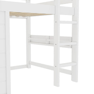English Elm Twin Loft Bed House Frame with Sliding Chalkboard Built-in Bookshelf and Safety Rails White W1580S00319