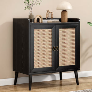 English Elm Sideboard Rattan Door Buffet Cabinet with Baffle Edge, Spacious Storage Credenza for Dining Hallway Black T3623P381057
