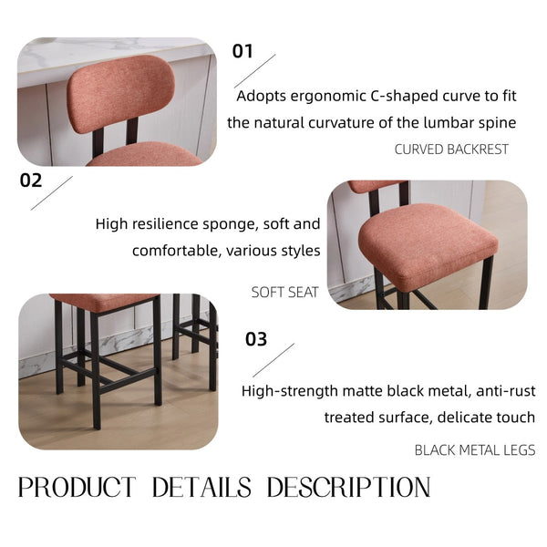 English Elm Bar Stools Set of 2 Upholstered Fabric Seat with Foam Cushion Black Metal Legs Orange W3244P310203