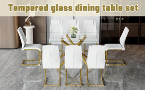 English Elm Table Modern Luxurious Glass Dining Set With 8 Ergonomic Chairs, Gold Legs & White Pu Upholstery W1151S02588-GIGA