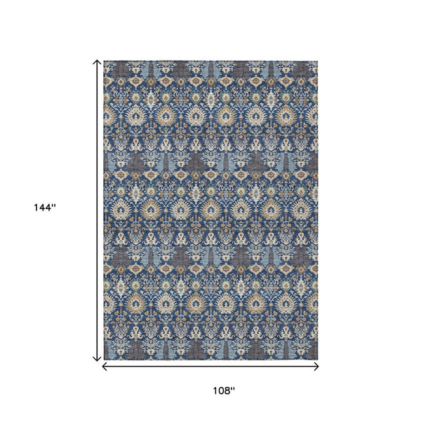 HomeRoots 9' X 12' Navy Blue Floral Area Rug - Washable, Durable, Indoor/Outdoor Design for Stylish Spaces 640500