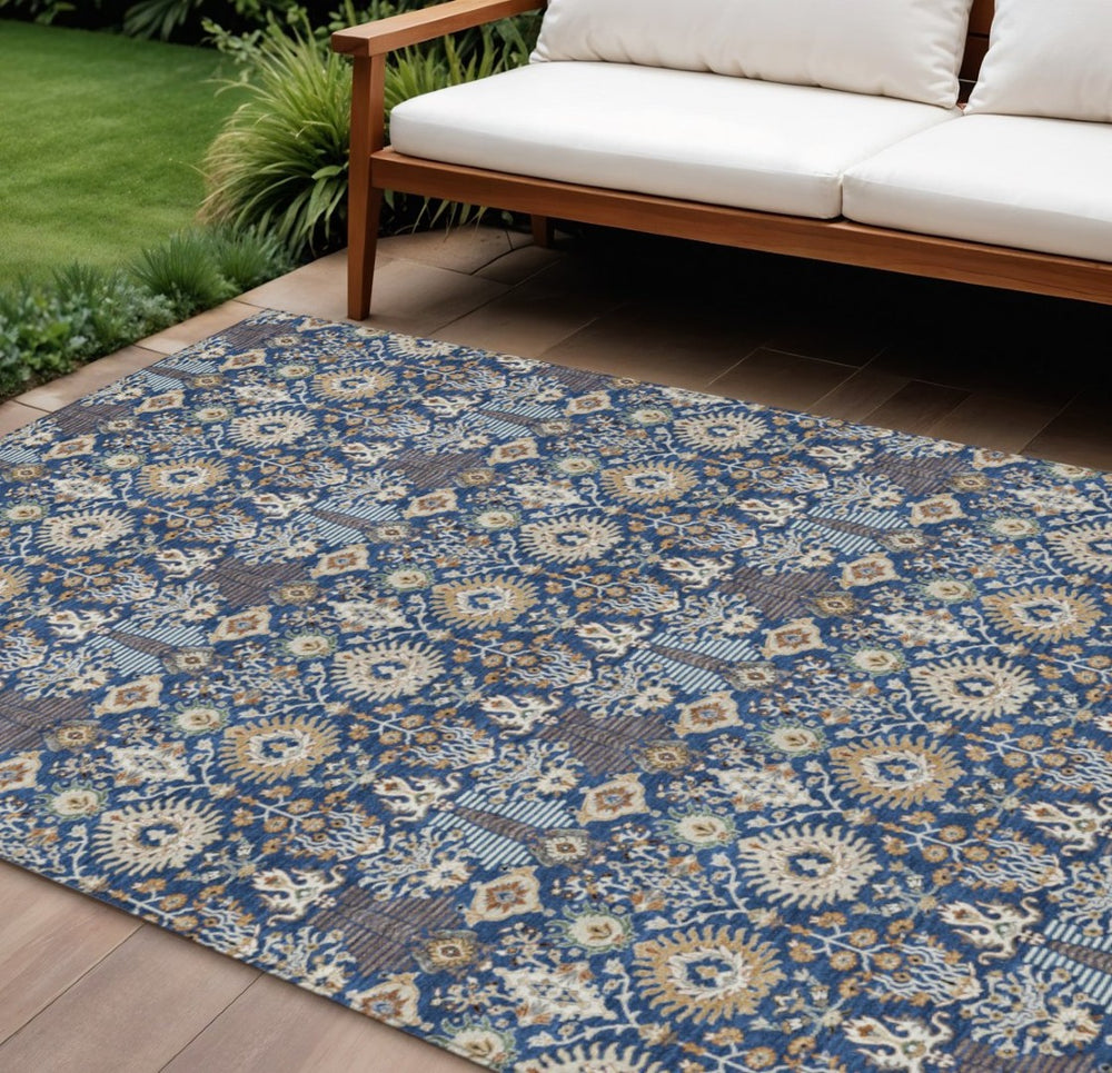 HomeRoots 10' Navy Blue and Ivory Floral Area Rug - Washable, Versatile Indoor/Outdoor Design for High Traffic Spaces 640501